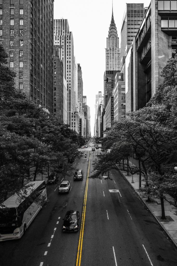 a black and white photo of a city street.