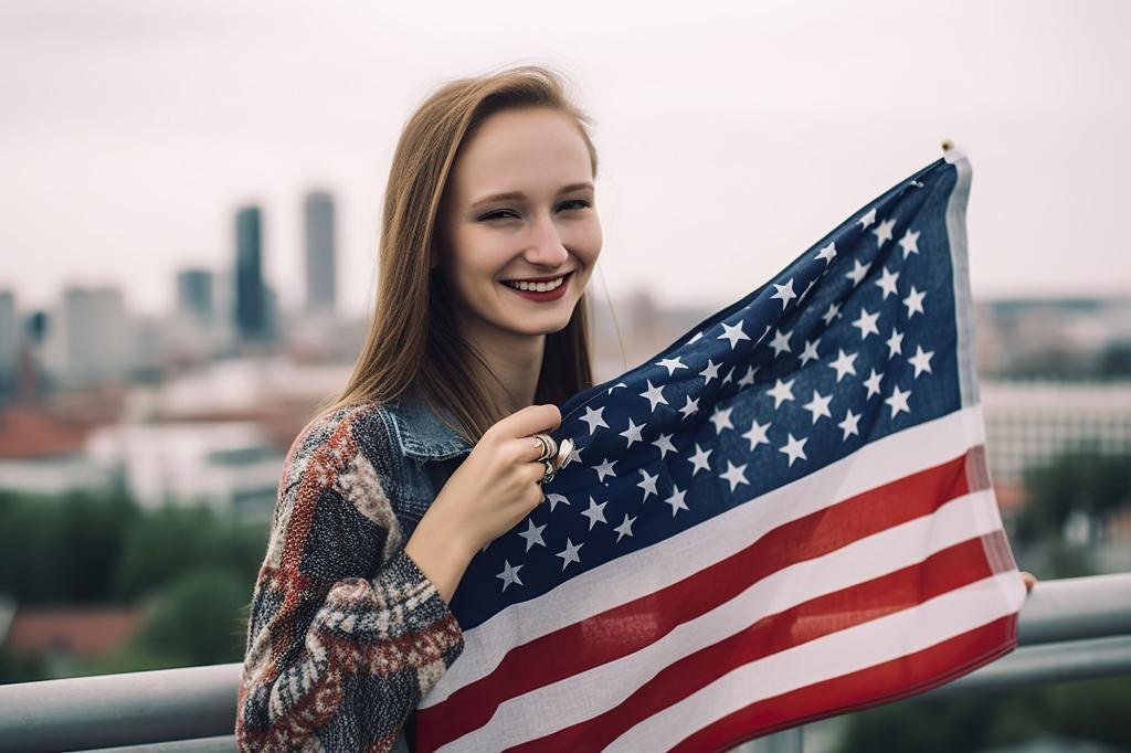 a woman holding an american flag in front of a city.