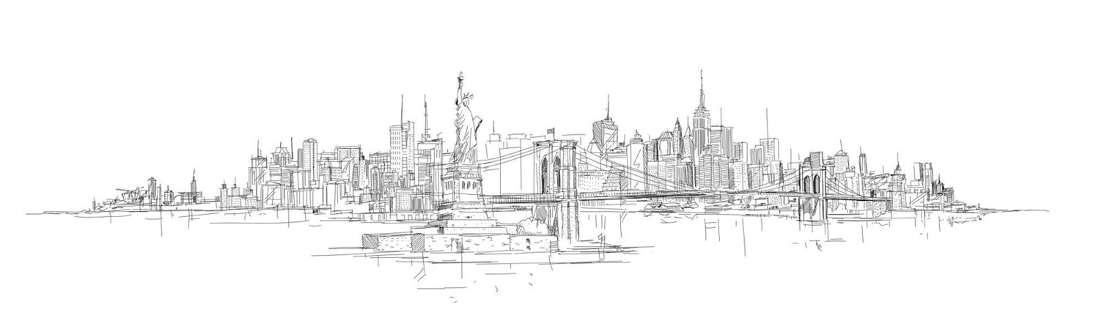 a black and white drawing of a city skyline.